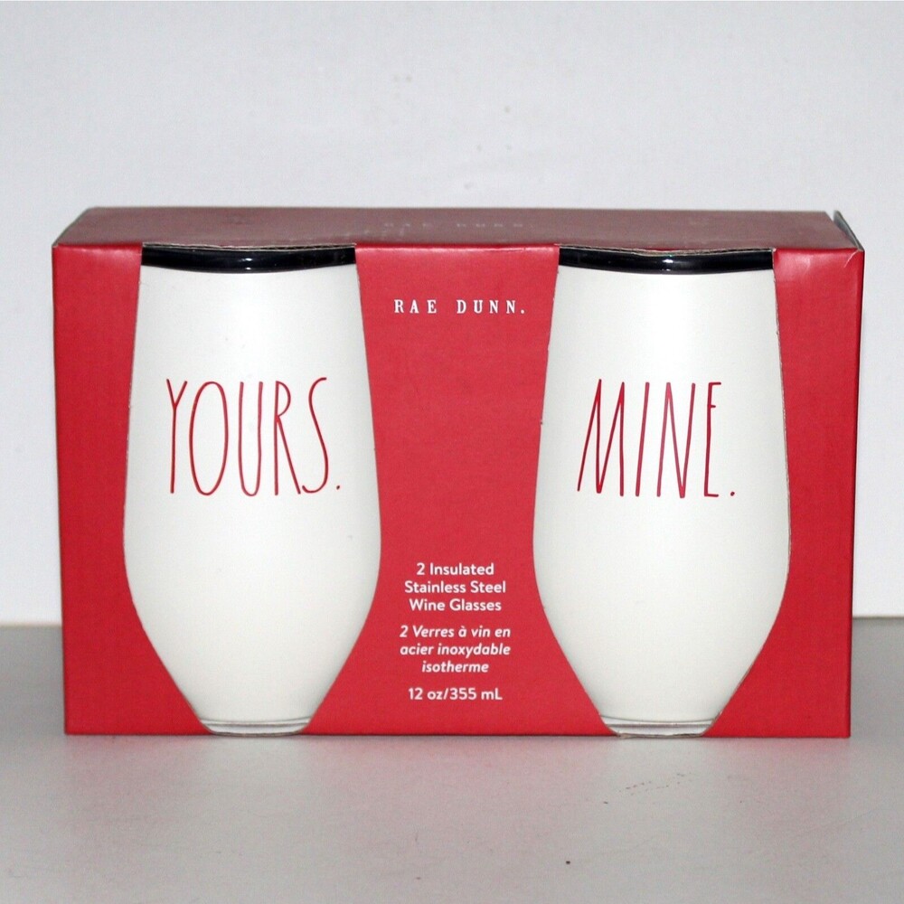 Rae Dunn Insulated Wine Glasses Stainless Steel Yours Mine NEW in box white red